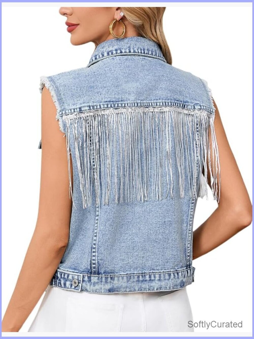 Fringe Denim Vest Sleeveless Jean Vest Jacket with Frayed Trim Button Down